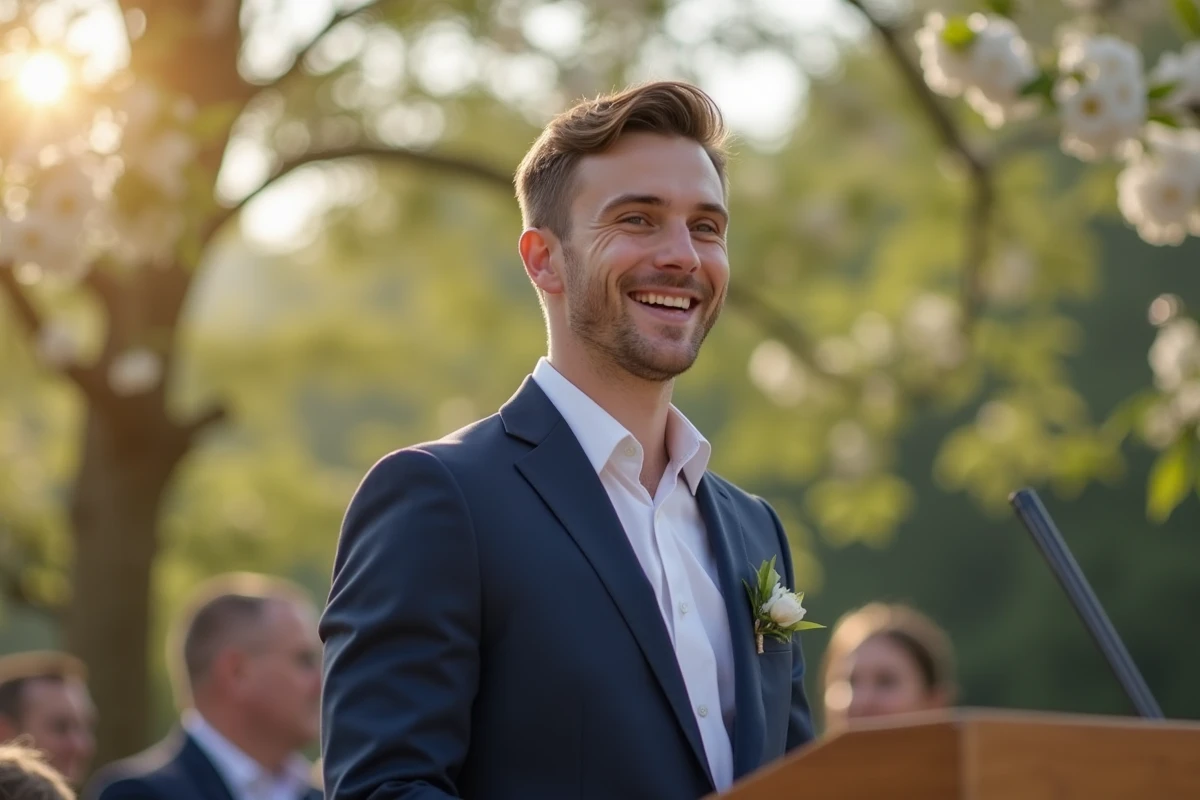 Homme en costume navy donnant un discours de mariage