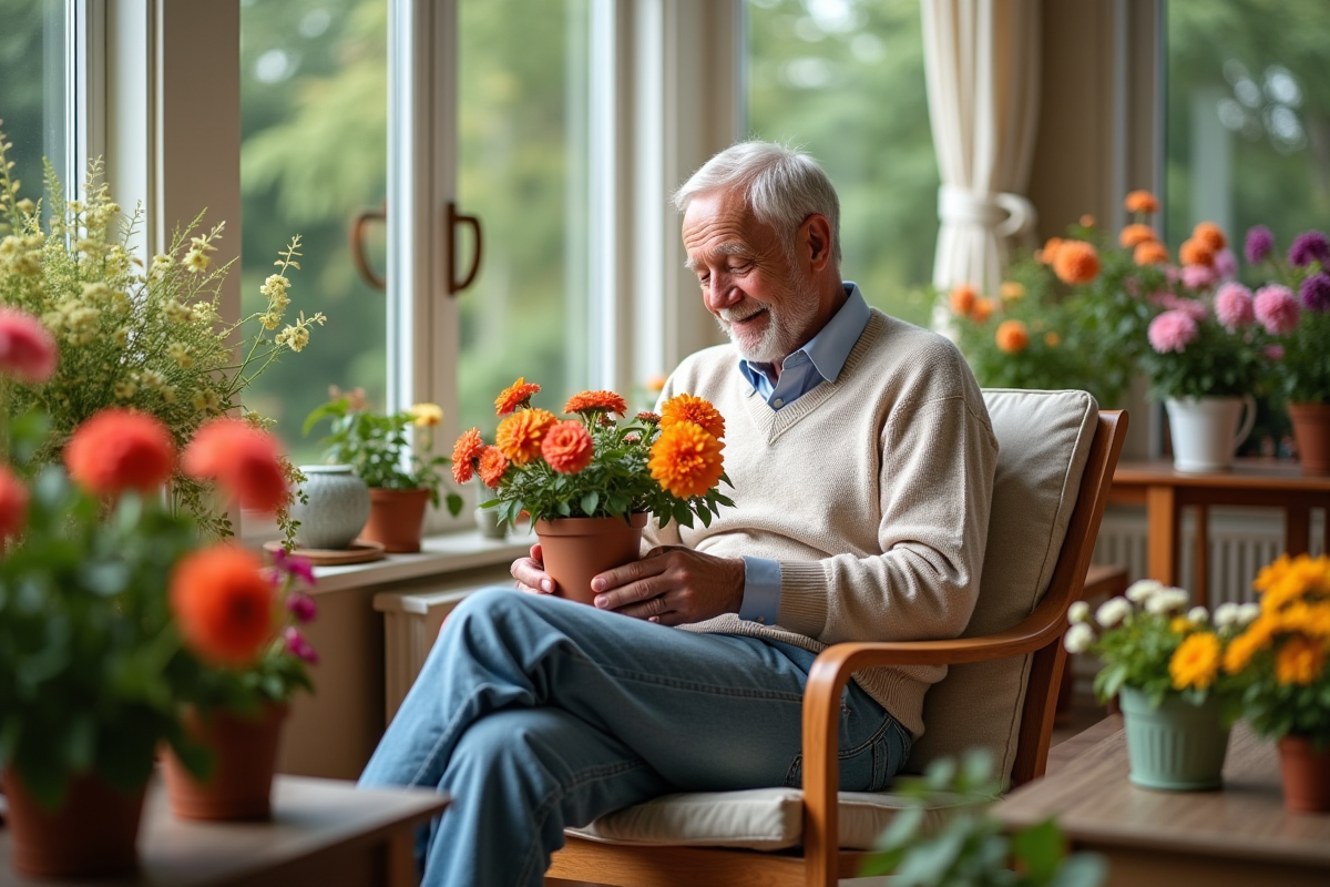 Homme âgé arrangeant des fleurs dans un vase lumineux