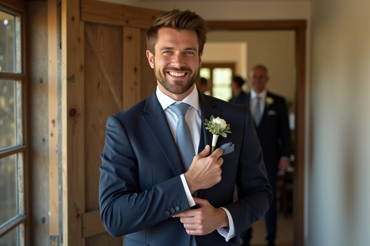 Homme en costume navy ajustant sa boutonniere lors d’un mariage