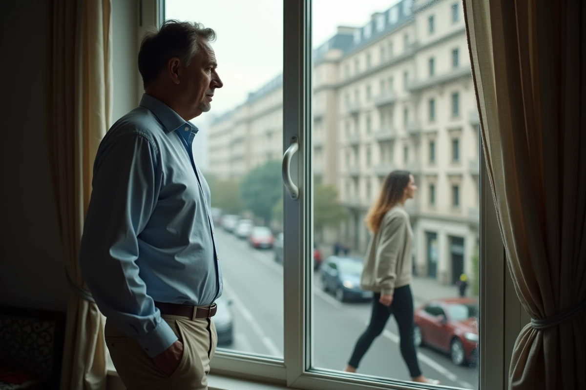 Homme observant la rue depuis sa fenêtre avec reflet de la femme