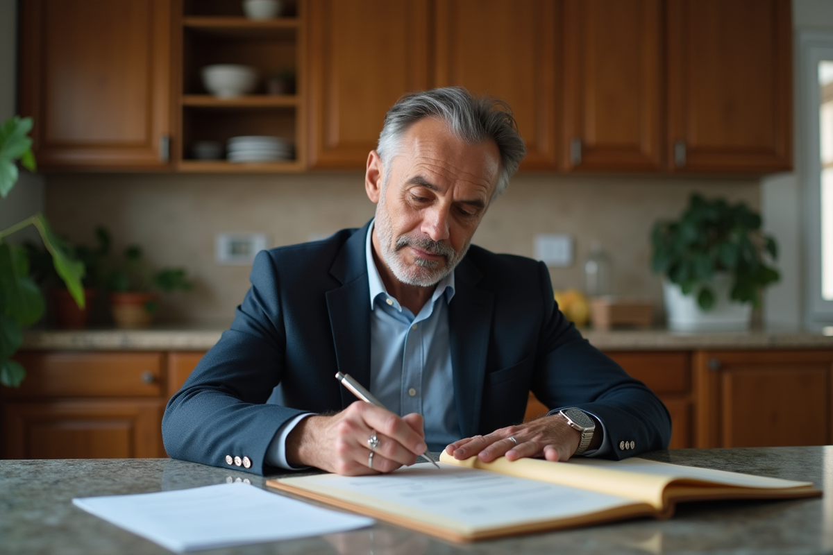 Homme signe des papiers dans sa cuisine chaleureuse