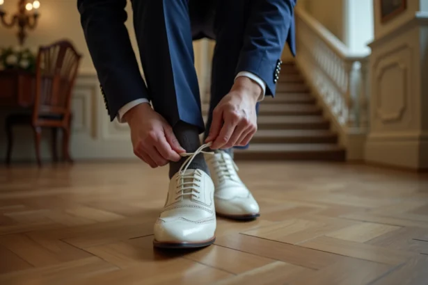 Homme en costume ajusté ajustant ses chaussures de mariage blanches