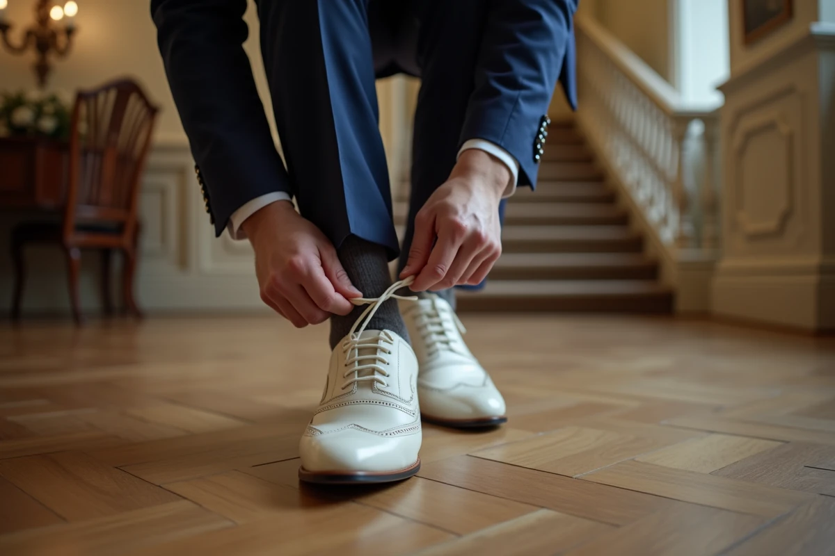 Homme en costume ajusté ajustant ses chaussures de mariage blanches