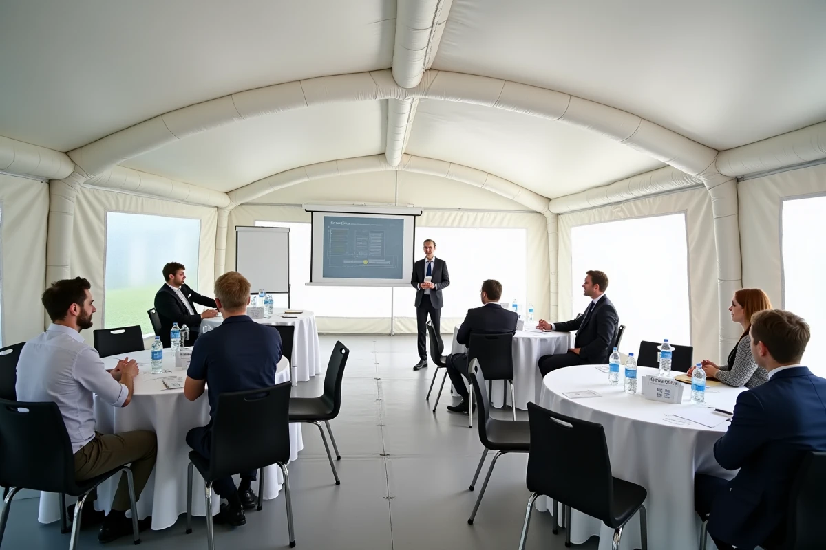 Intérieur d'une tente gonflable aménagée pour un séminaire professionnel avec tables rondes, chaises et écran de présentation