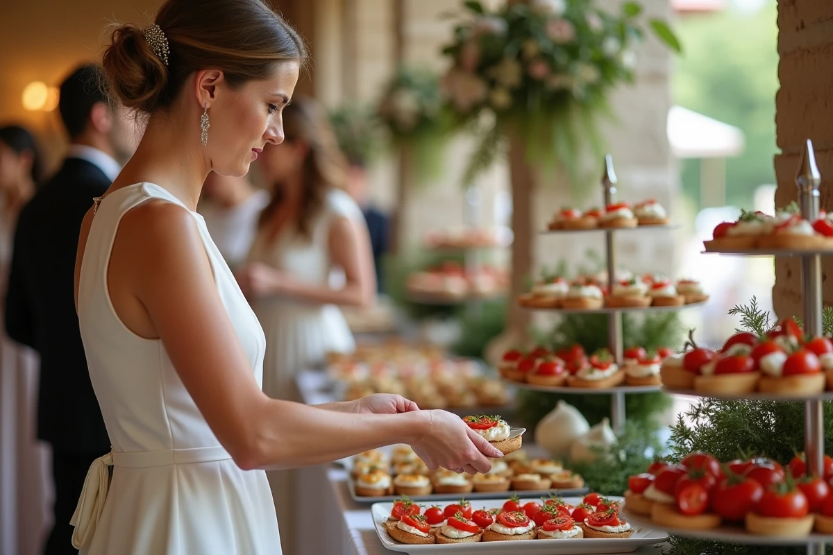 Invitée de mariage se servant au buffet froid chic avec bruschettas burrata et tomates cerises