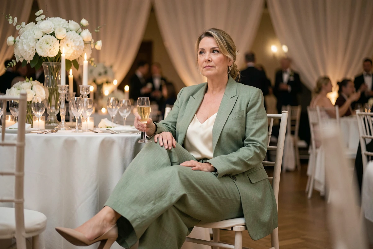 Femme élégante en tailleur vert sauge assise à une table de réception de mariage