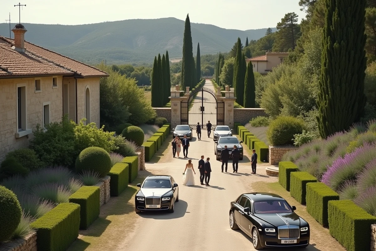Invités en tenue formelle arrivant à une propriété close pour un mariage discret dans la campagne de Gordes en Provence