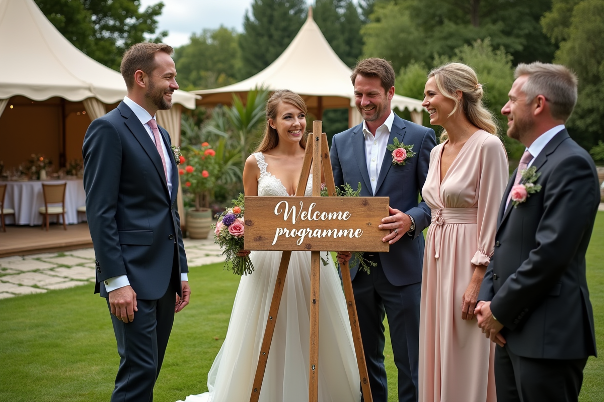 Invites de mariage dans un jardin avec panneau d accueil