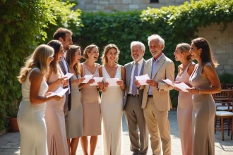 Groupe de proches participant à un jeu lors d'une cérémonie laïque de mariage en extérieur