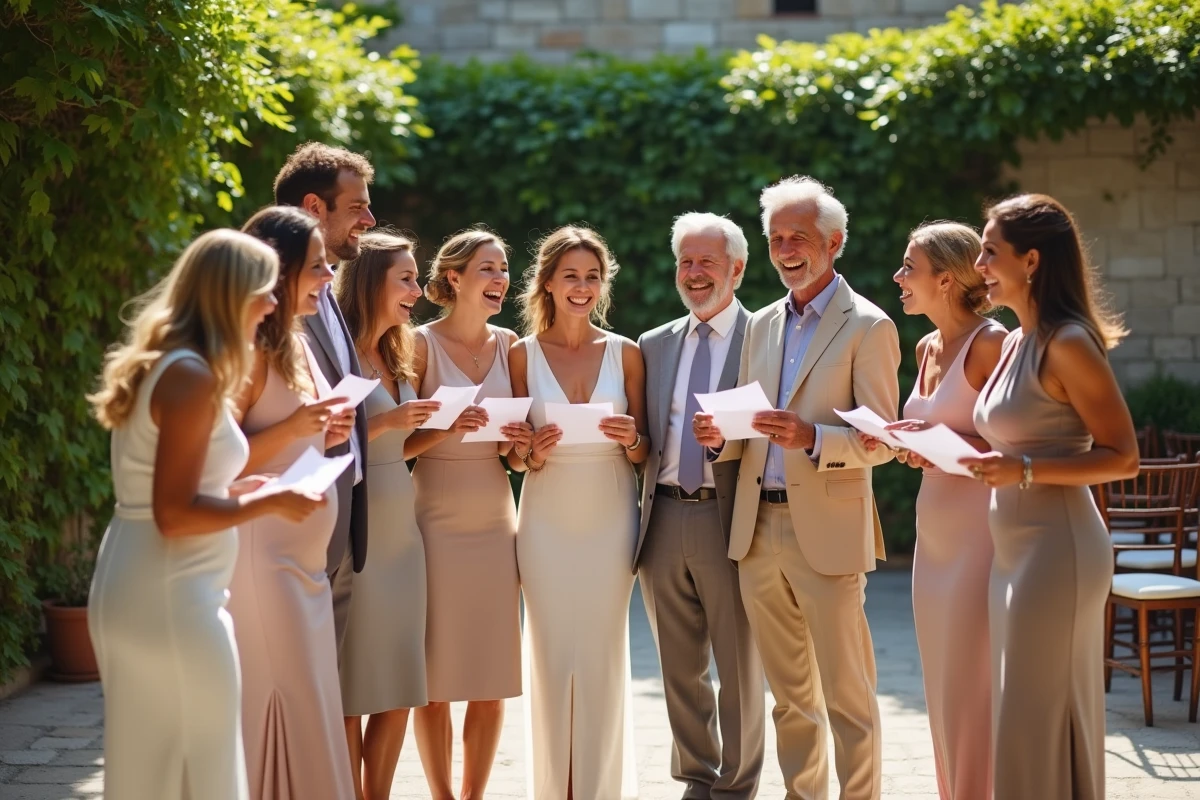 Groupe de proches participant à un jeu lors d'une cérémonie laïque de mariage en extérieur