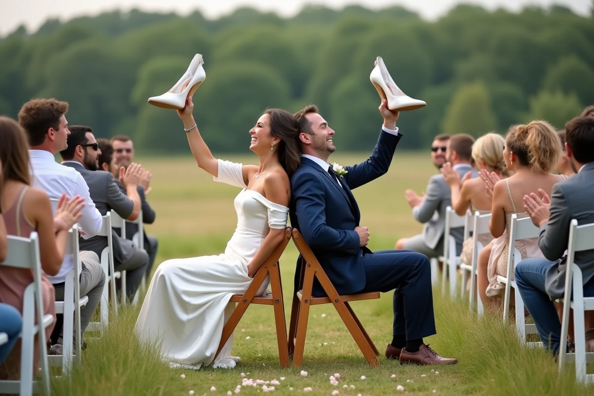Mariés jouant au jeu des chaussures lors d'une cérémonie laïque en plein air entourés de leurs proches