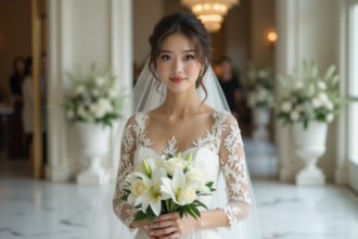 Jeune mariée en robe de dentelle blanche avec bouquet de fleurs