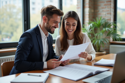 Jeune couple heureux regardant un calendrier ensemble