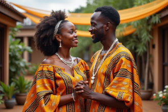 Jeune couple ghanéen en kente lors d'un mariage traditionnel