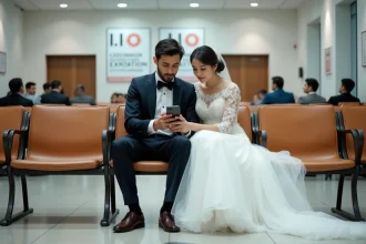 Jeune couple en attente dans une mairie moderne