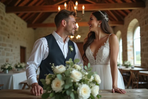 Jeune couple riant dans un barn rustique pour un mariage