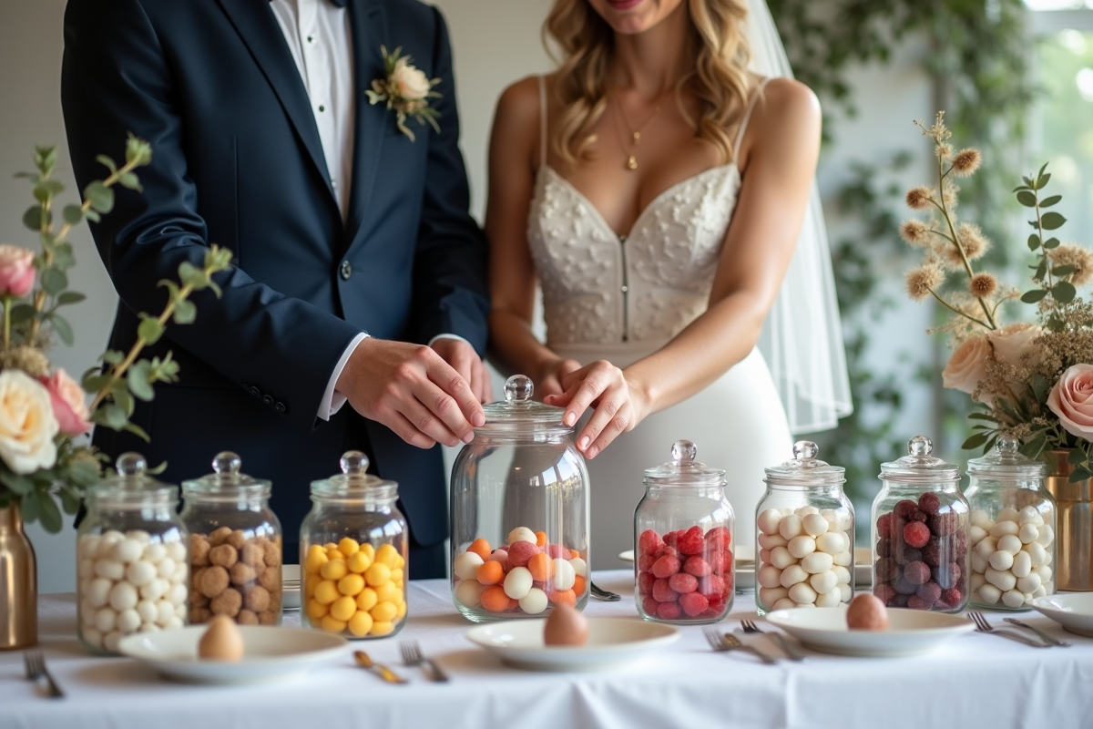 Jeune couple de mariés remplissant des bocaux décoratifs