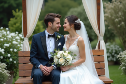 Jeune couple marié dans un jardin élégant et romantique