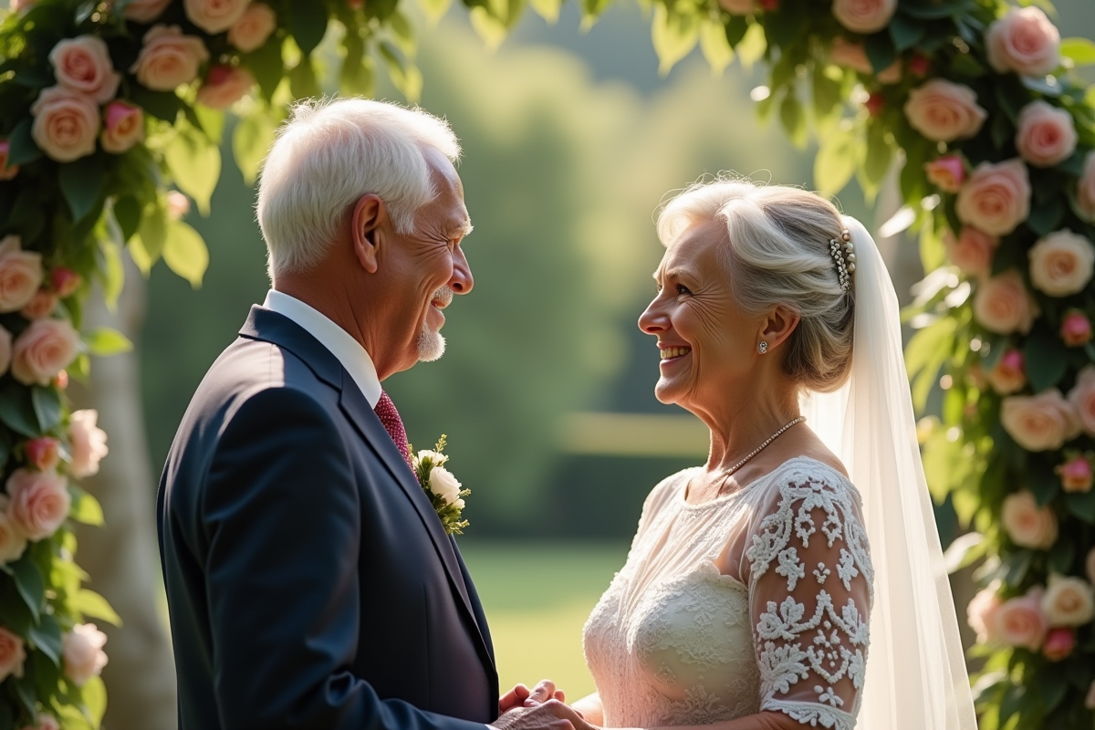 Couple âgé échangeant leurs vœux dans un jardin fleuri