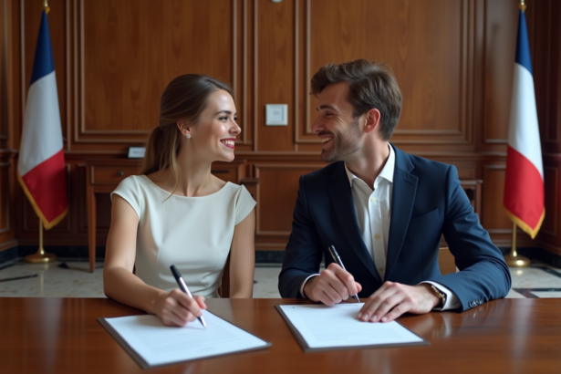 Jeune couple signant leur mariage à la mairie