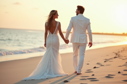 Jeune couple de mariés marche sur la plage au crépuscule