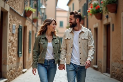 Jeune couple marié marchant main dans la main dans une rue pavée ancienne