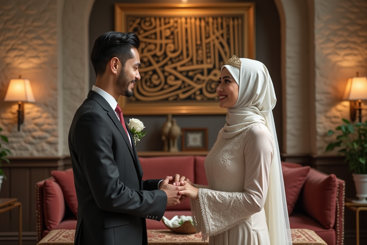 Jeune couple musulman lors de la nikah en intérieur