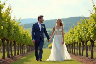 Jeune couple en mariage dans un vignoble en été