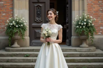 Jeune femme en robe de mariage vintage teal avec bouquet