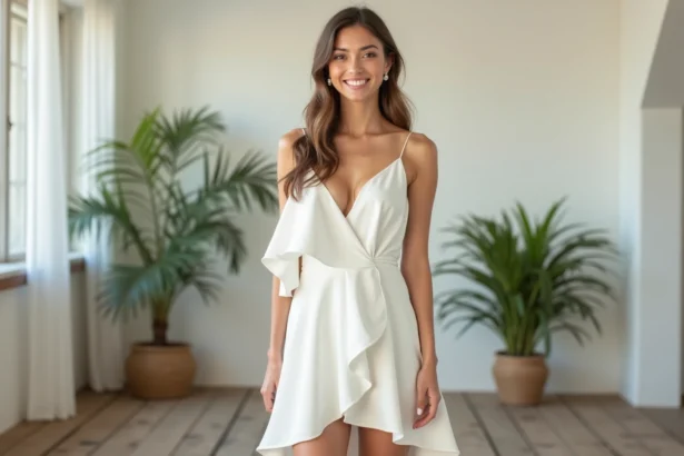Jeune femme en robe de mariage blanche asymetrique naturelle