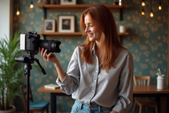 Jeune femme ajustant un appareil photo en studio cosy