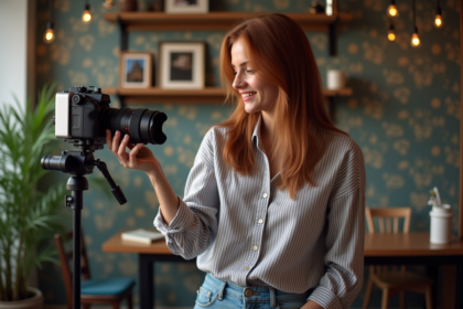 Jeune femme ajustant un appareil photo en studio cosy