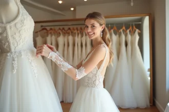Jeune mariée en robe blanche dans une boutique à Nantes