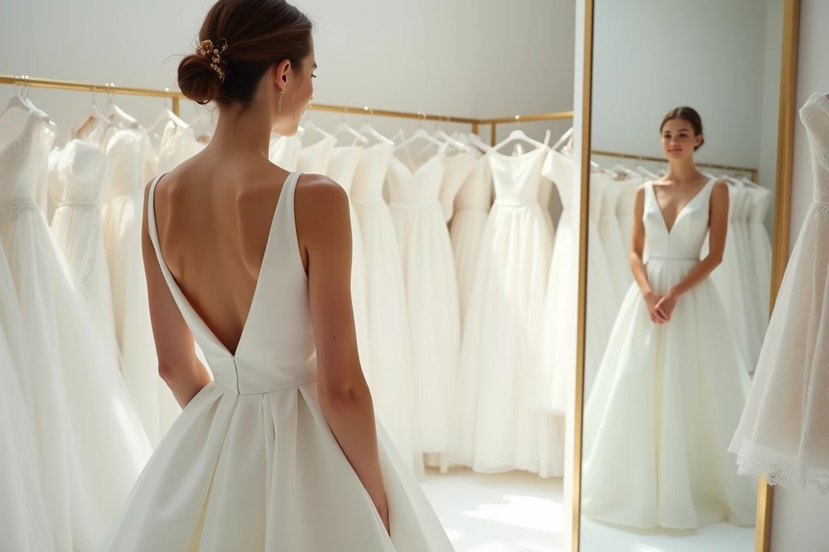 Jeune femme essayant une robe de mariée moderne