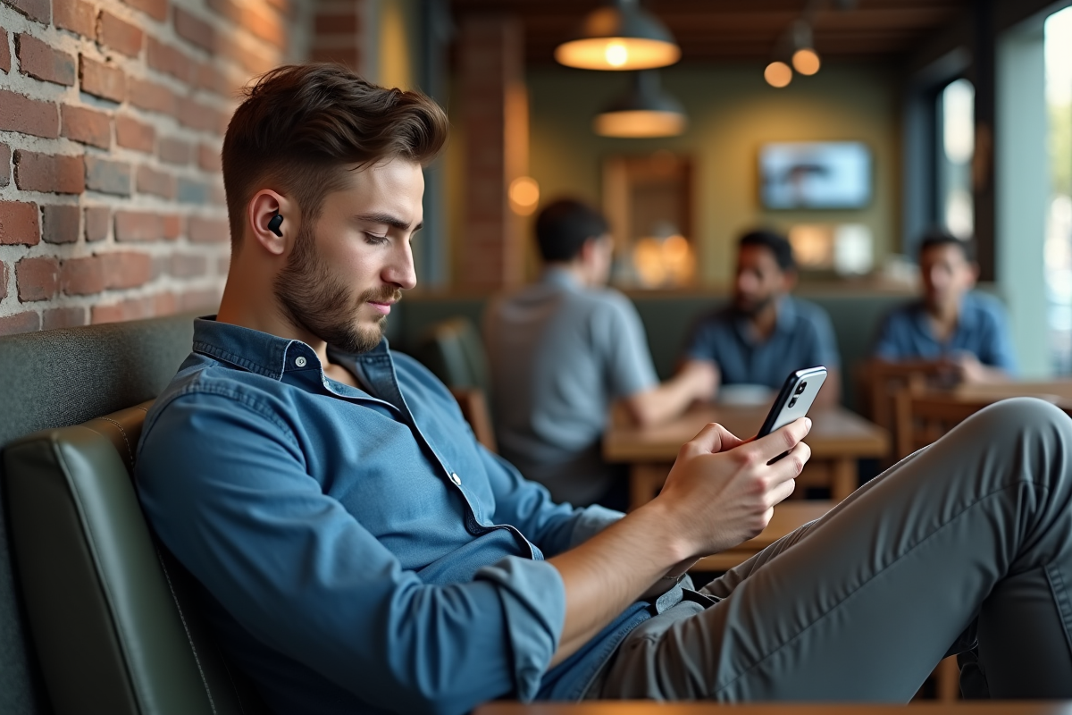 Jeune homme dans un café regardant son smartphone