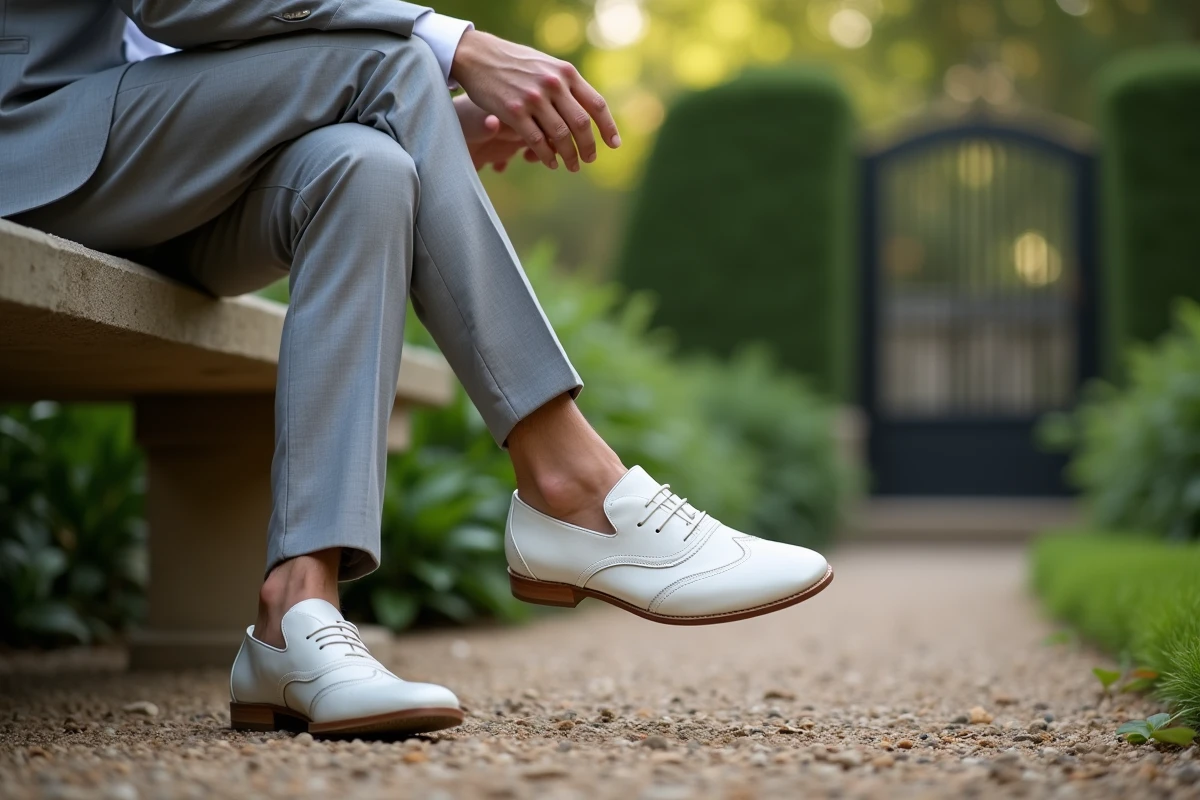 Jeune marié assis dans le jardin montrant ses chaussures blanches