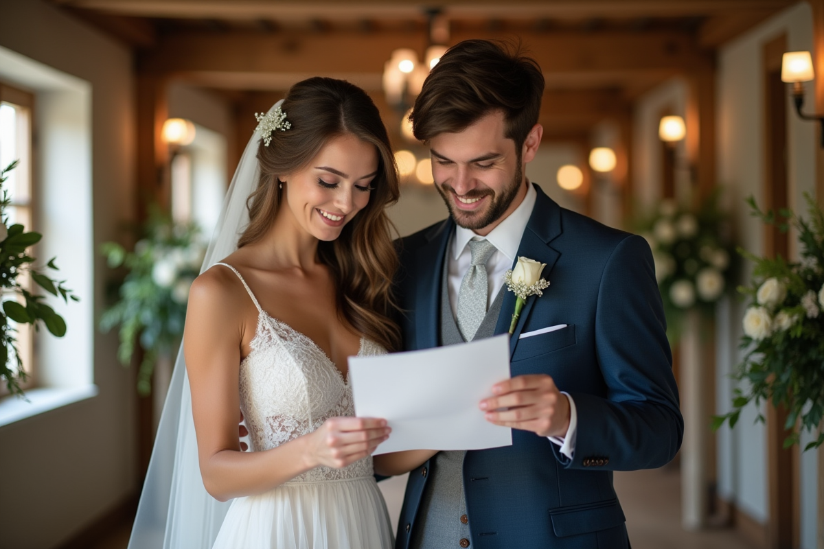 Jeune couple de mariés souriants lisant un programme de mariage