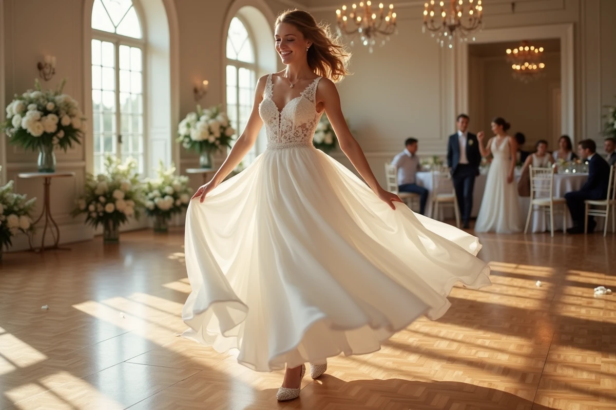 Jeune mariée en robe blanche dansant dans la salle de réception