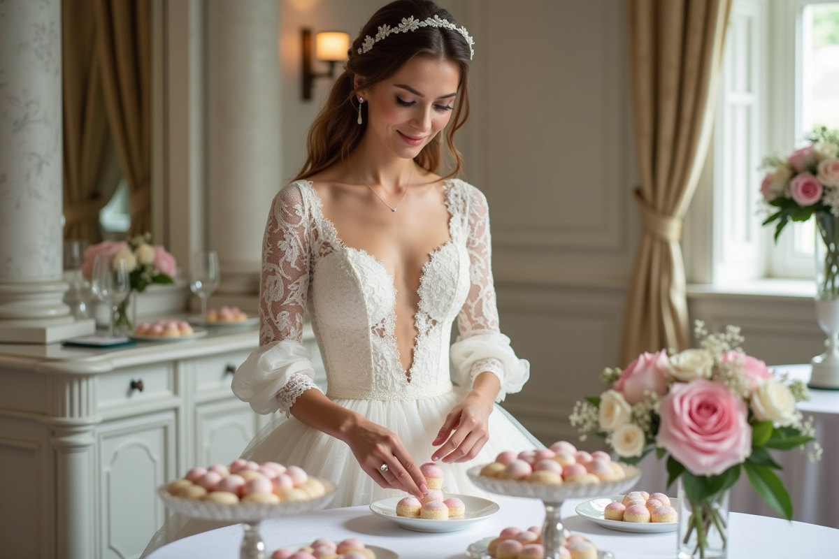 Jeune mariée en robe de dentelle arrangeant des dragées pastel