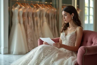 Jeune mariée en robe de luxe avec reçu dans une boutique élégante