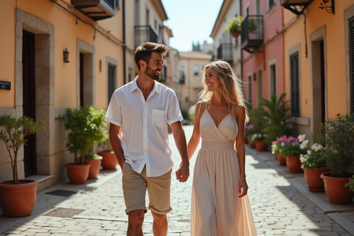 Jeune couple riant en se promenant dans une rue pavée ancienne