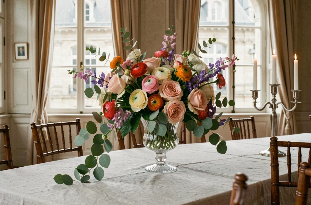 Composition florale de mariage La Bouquetière à Lille avec roses de jardin et renoncules dans un compotier en verre sur table de réception