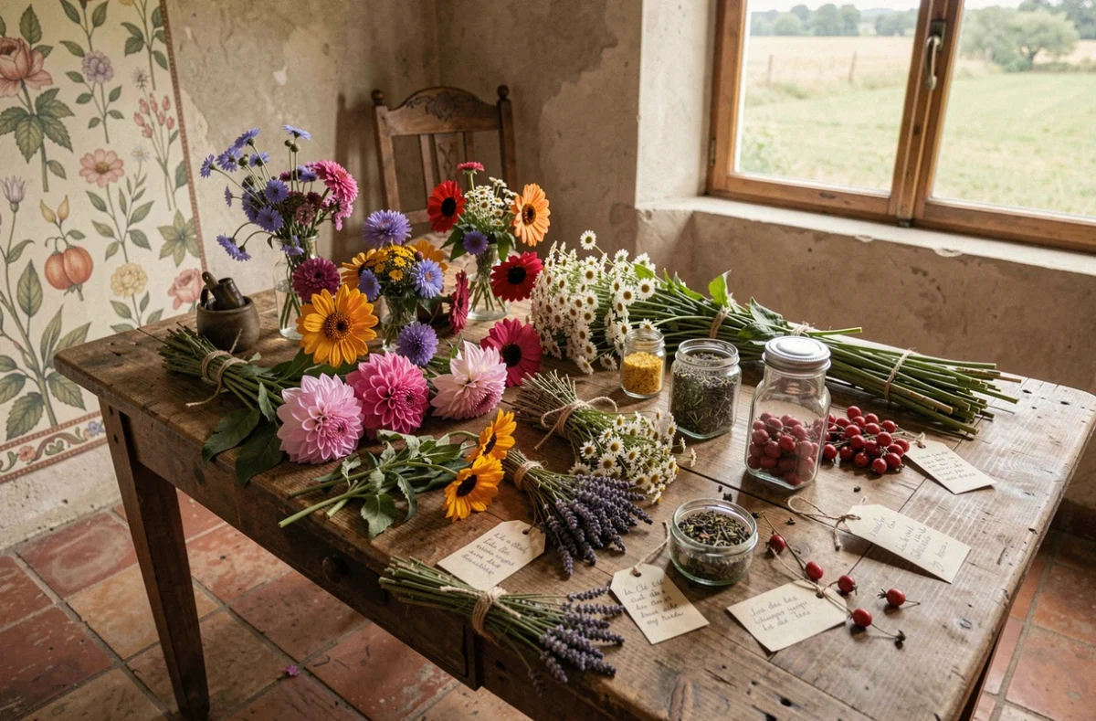 Atelier floral et herboristerie La Clé des Champs et des Thés avec fleurs fraîches, lavande séchée et bocaux de thé sur table en bois de ferme nordiste