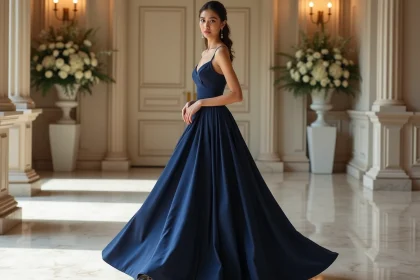 Femme portant une longue robe de soirée bleu marine en soie avec coupe sirène dans une salle de mariage élégante
