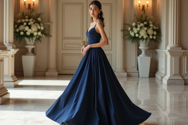 Femme portant une longue robe de soirée bleu marine en soie avec coupe sirène dans une salle de mariage élégante