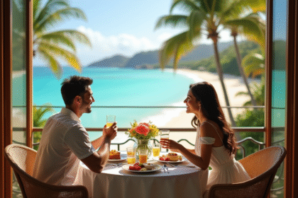 Couple en lune de miel prenant un petit déjeuner privé sur un balcon avec vue sur la plage hawaienne