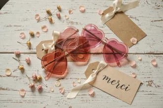 Lunettes cœur roses et dorées disposées en flat lay avec des étiquettes calligraphiées et des pétales séchés pour un cadeau d'invités de mariage