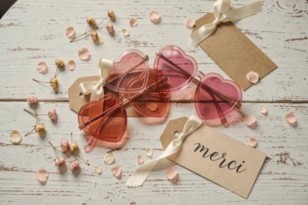 Lunettes cœur roses et dorées disposées en flat lay avec des étiquettes calligraphiées et des pétales séchés pour un cadeau d'invités de mariage