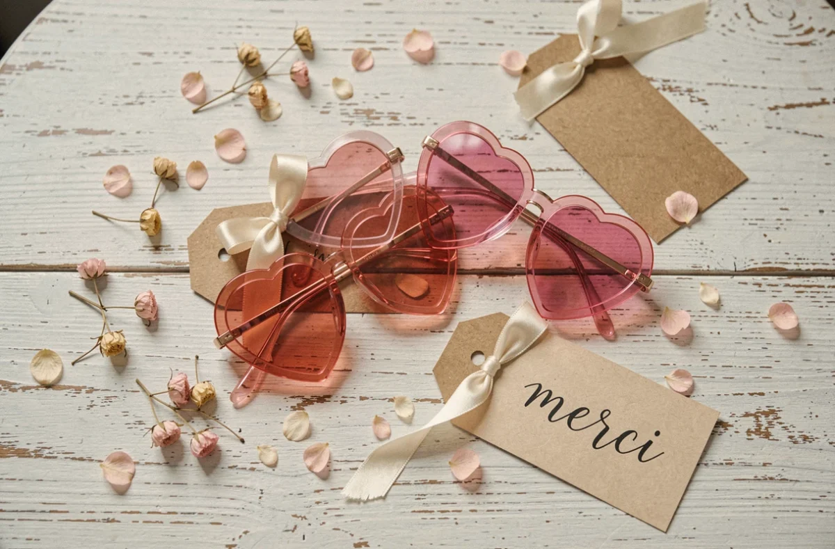 Lunettes cœur roses et dorées disposées en flat lay avec des étiquettes calligraphiées et des pétales séchés pour un cadeau d'invités de mariage