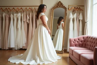 Mariée grande taille essayant une robe de mariée élégante dans un magasin mariage à Bordeaux